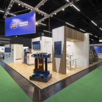 JST Power Equipment booth at Ennovation Austria displaying a Dry Type Transformer. JST Power Equipment booth at Ennovation 2025, Messezentrum Salzburg, Austria, featuring advanced power technology displays.